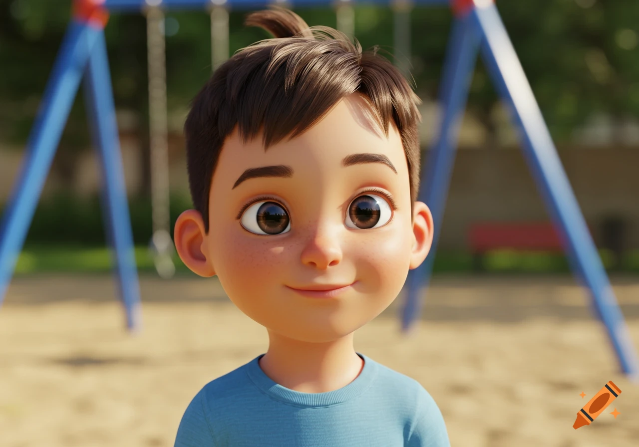 A smiling 3D animated cartoon boy with brown hair and big brown eyes, wearing a blue shirt, stands in a playground.