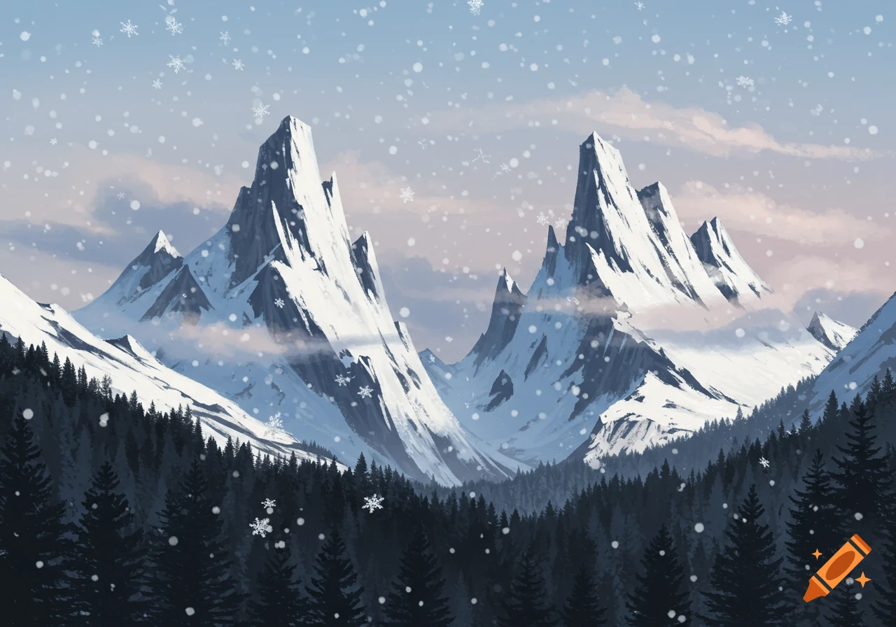 Stylized painting of majestic snow-capped mountains, dark pine forests, and falling snowflakes under a pale blue sky.