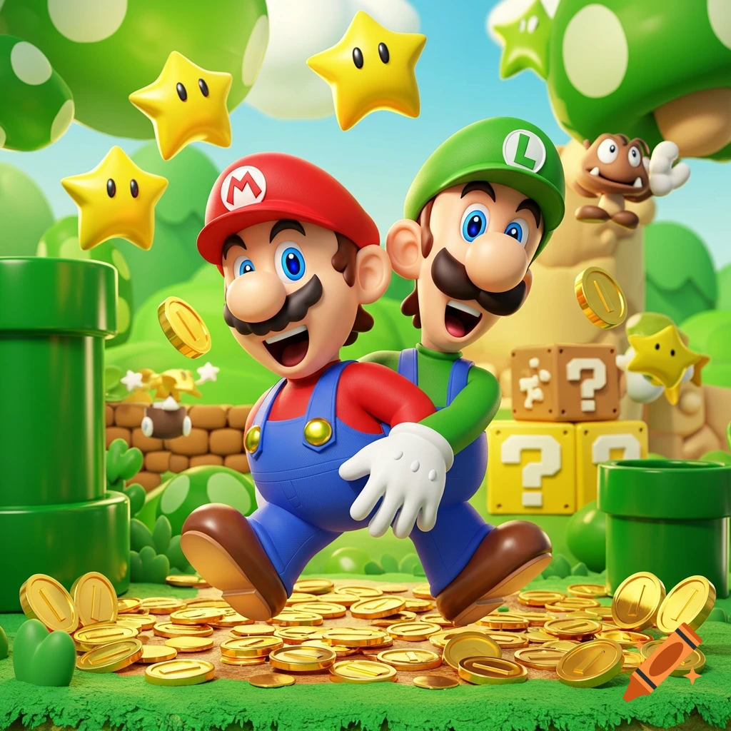 Mario and Luigi run through a vibrant green landscape covered in gold coins, with green pipes, stars, and question blocks in the background.