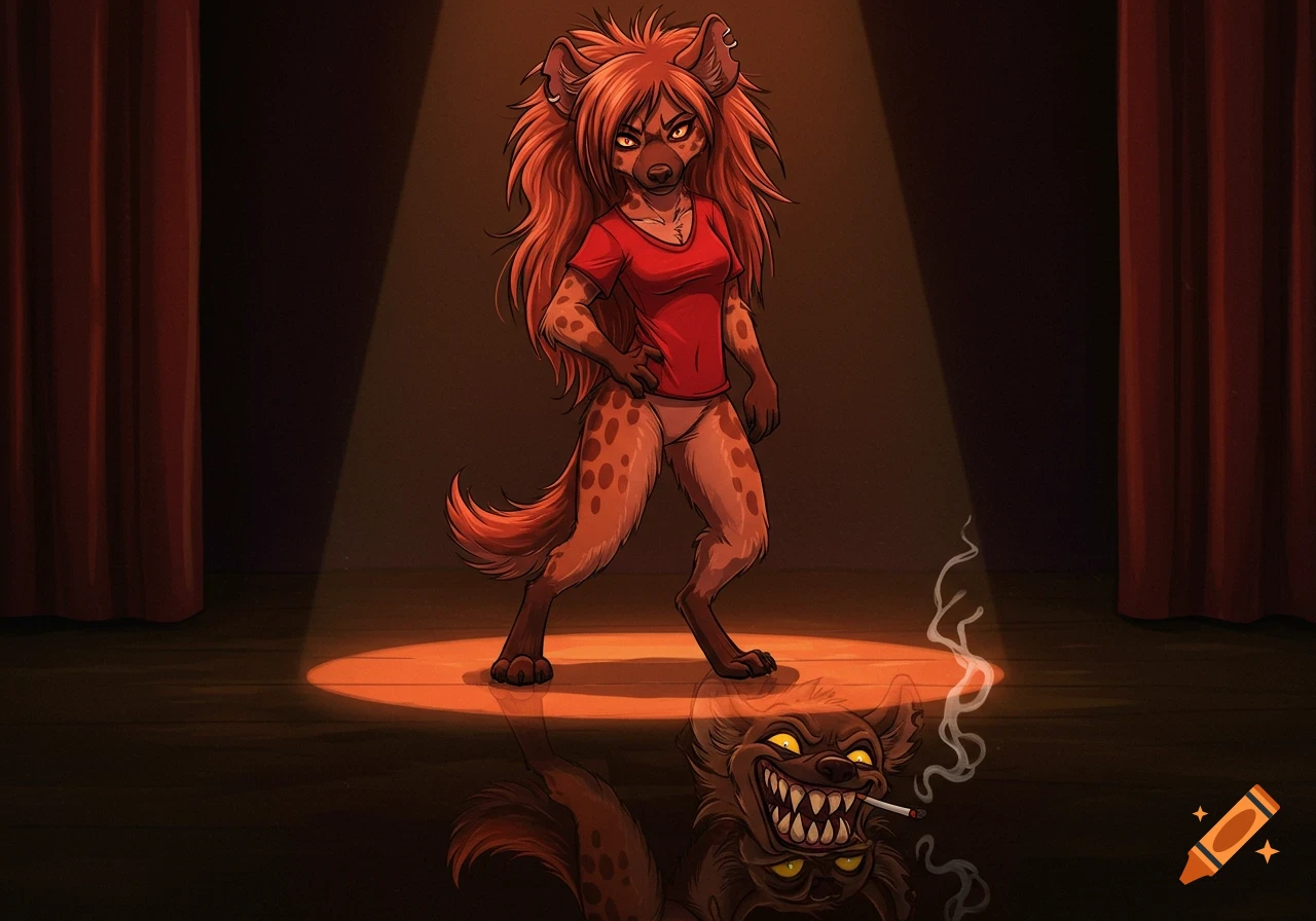 A spotted, red-haired anthropomorphic hyena stands on a stage; her reflection reveals a menacing alter ego smoking a cigarette.