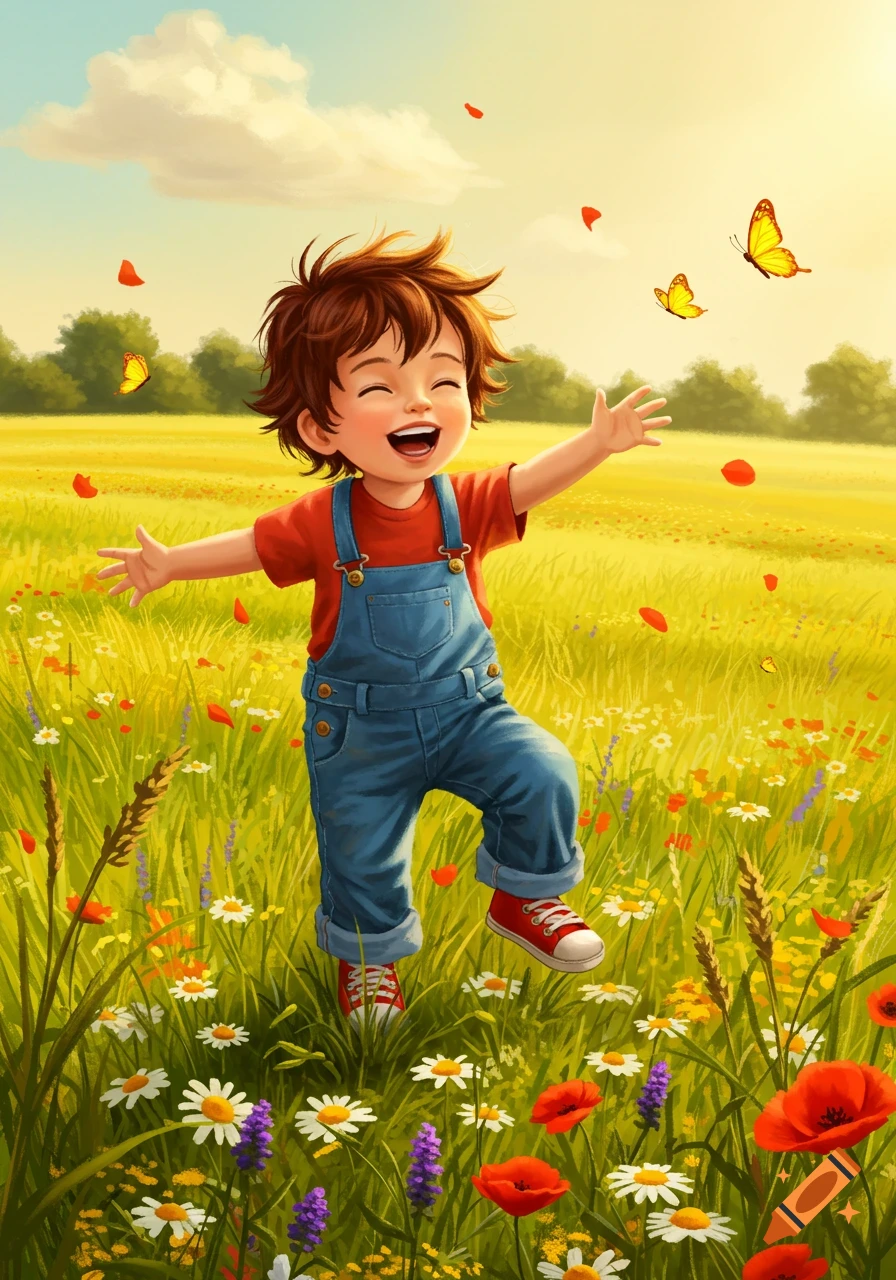 A cheerful, illustrated little boy with brown hair laughs with arms wide open in a sunny field of colorful flowers and butterflies.