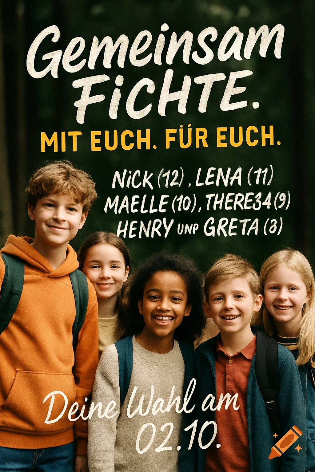 Five smiling children with backpacks pose for a campaign poster with text in German.