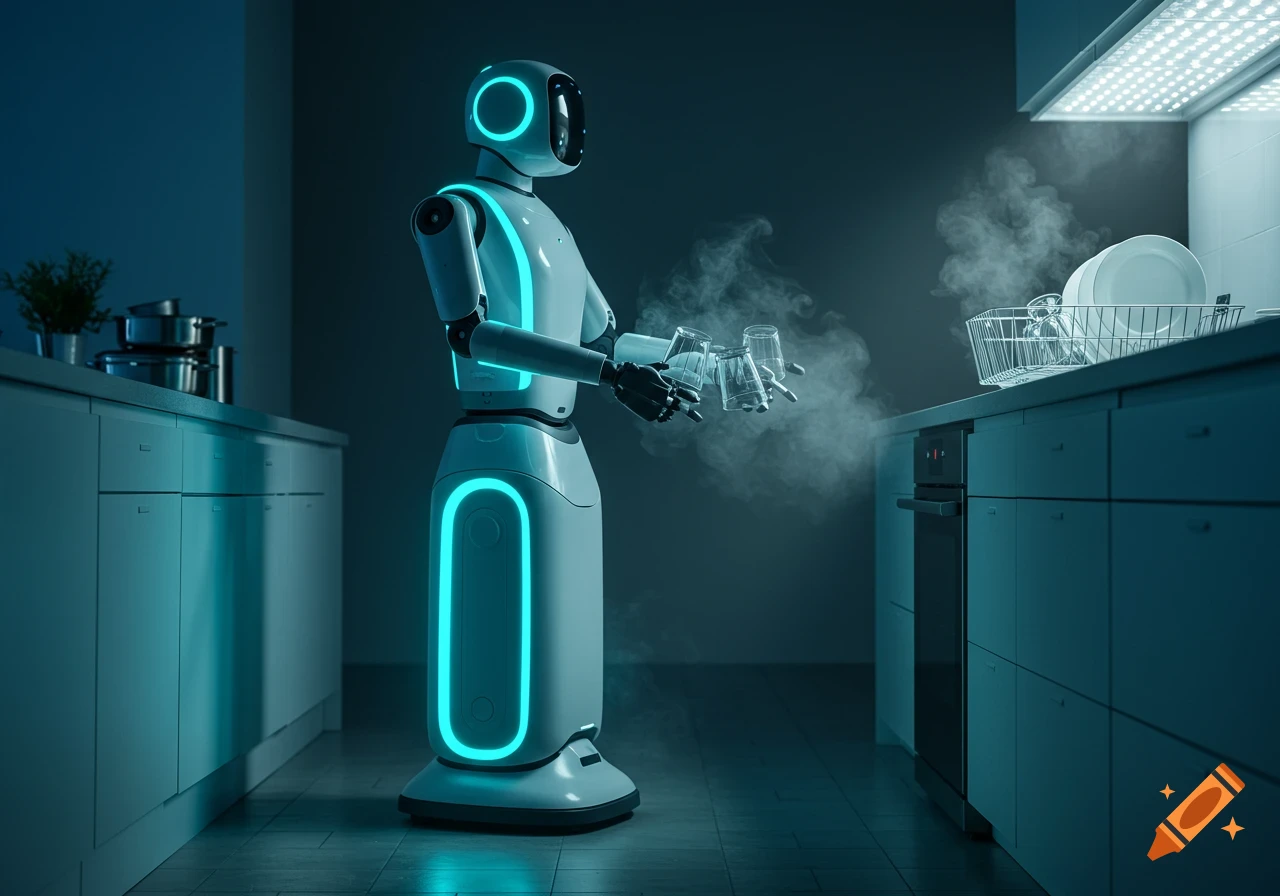 A futuristic, white and neon blue robot holds several clean glasses, surrounded by steam, in a modern, dark kitchen.