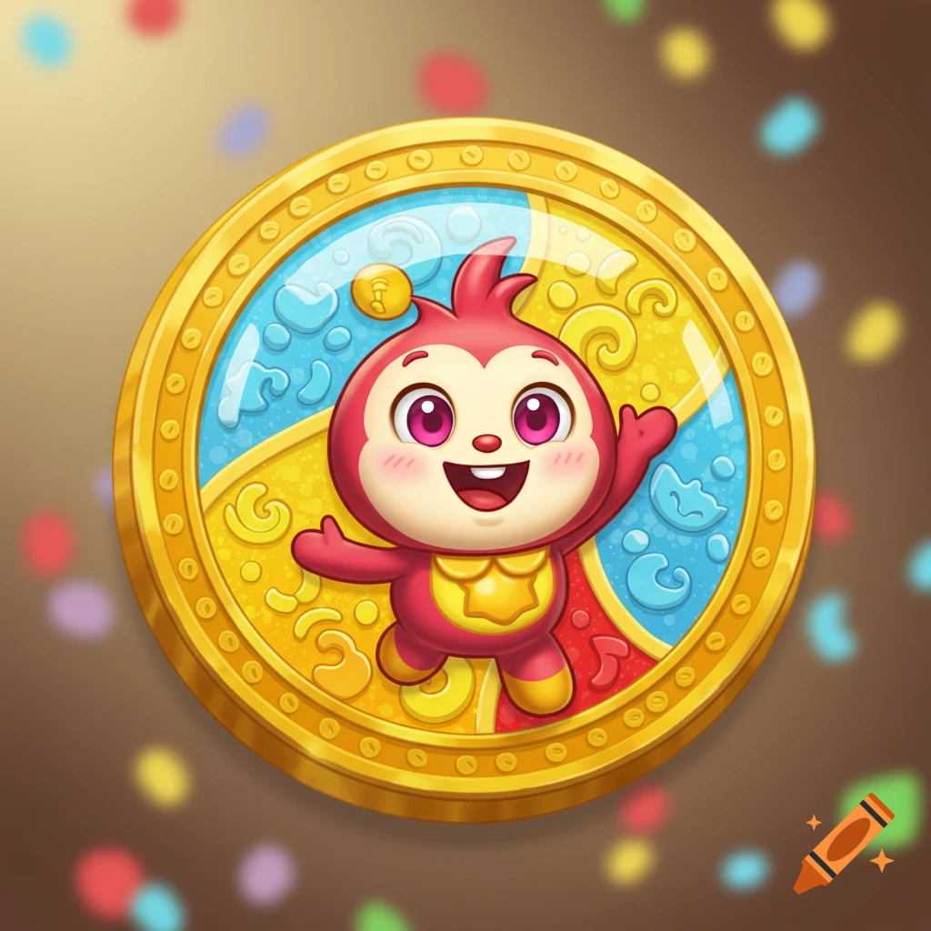 A cheerful red cartoon bug-like character with pink eyes on a golden game coin with blue and yellow sections.