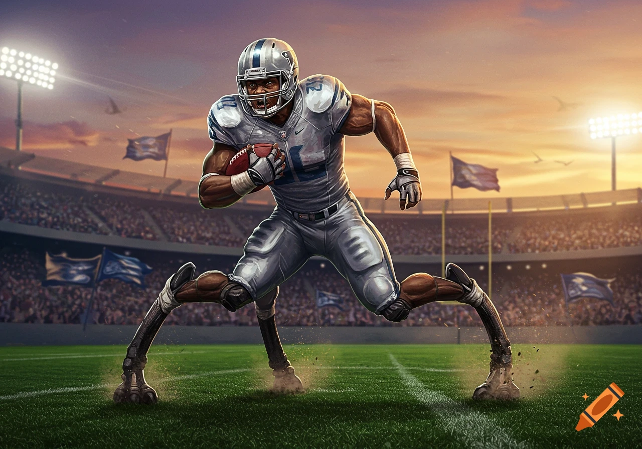 A muscular football player in a stadium, running with a football and having four legs with hooves.