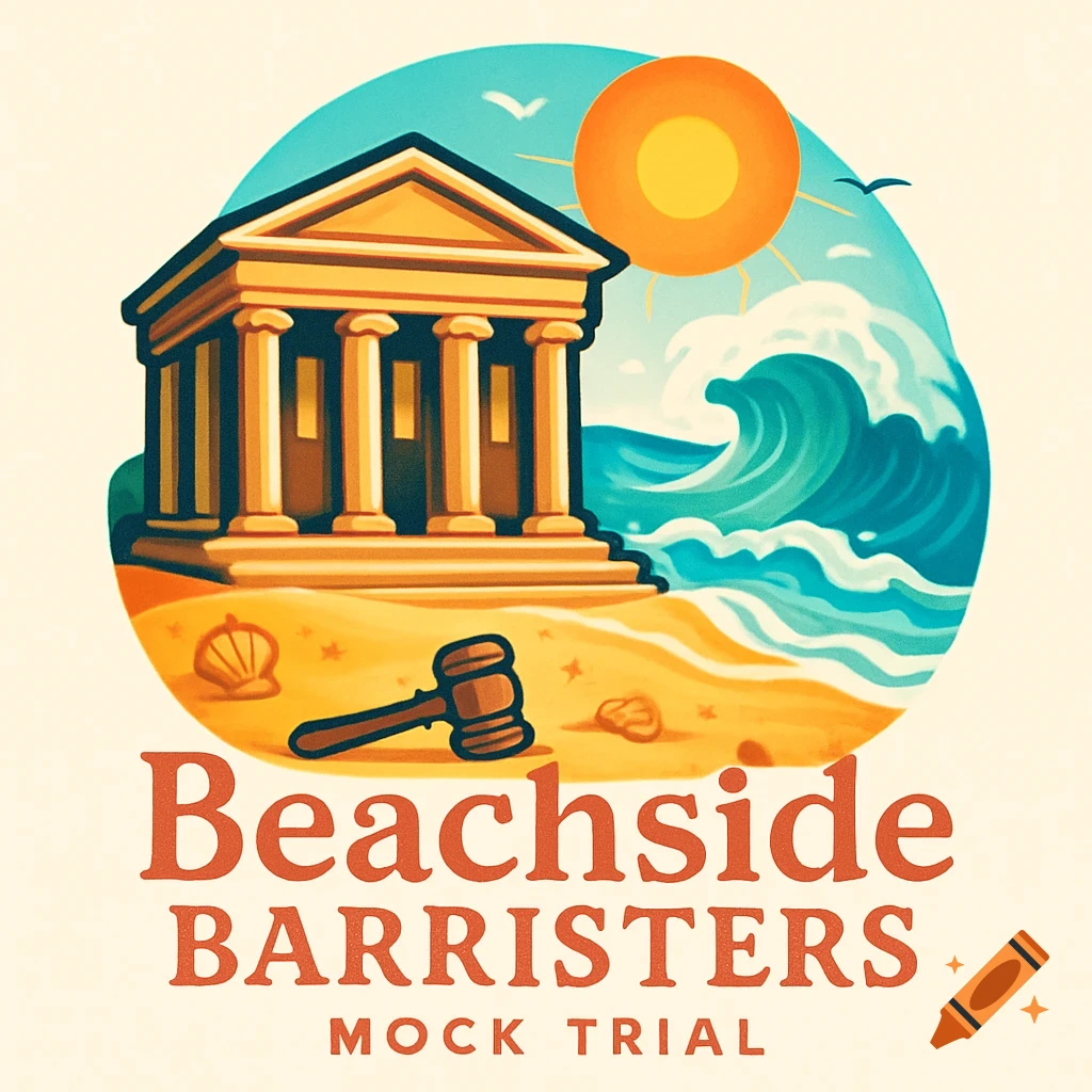 Stylized logo of a courthouse on a sandy beach with a gavel, waves, sun, and birds, with text 'Beachside BARRISTERS MOCK TRIAL'.