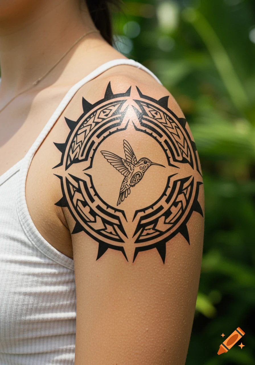 Close-up of a person's shoulder with a black Polynesian-style tattoo featuring a hummingbird.