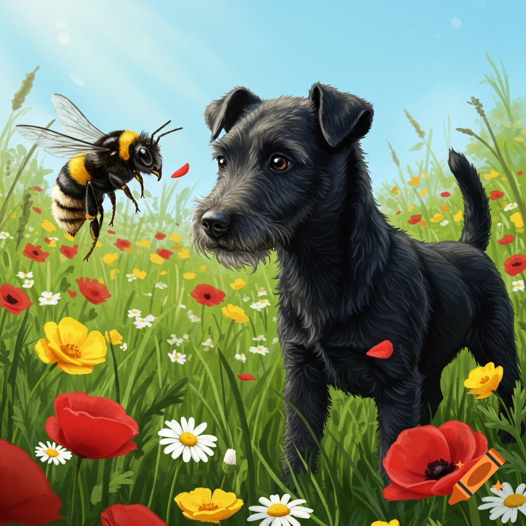 Illustrated black terrier dog watching a large bumblebee hover in a sunny field with red, yellow, and white flowers.