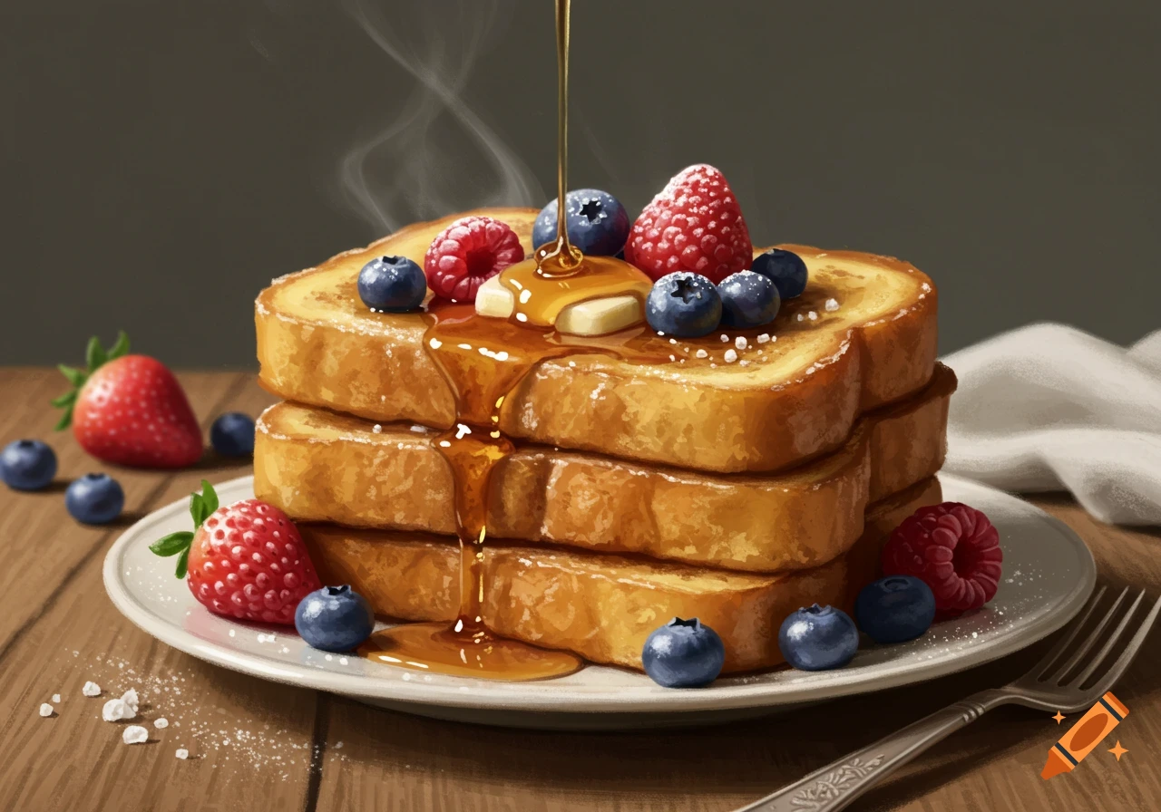 Stack of golden French toast with butter, blueberries, raspberries, and strawberries, drenched in maple syrup, on a wooden table.
