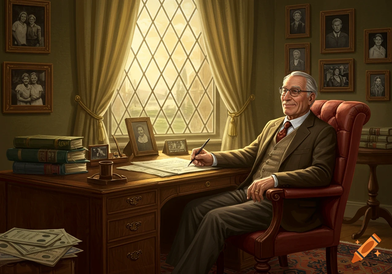 An elderly man in a suit sits at a large wooden desk in a richly decorated office, writing on papers. Family photos adorn the wall and stacks of money are on the floor. Photorealistic style.