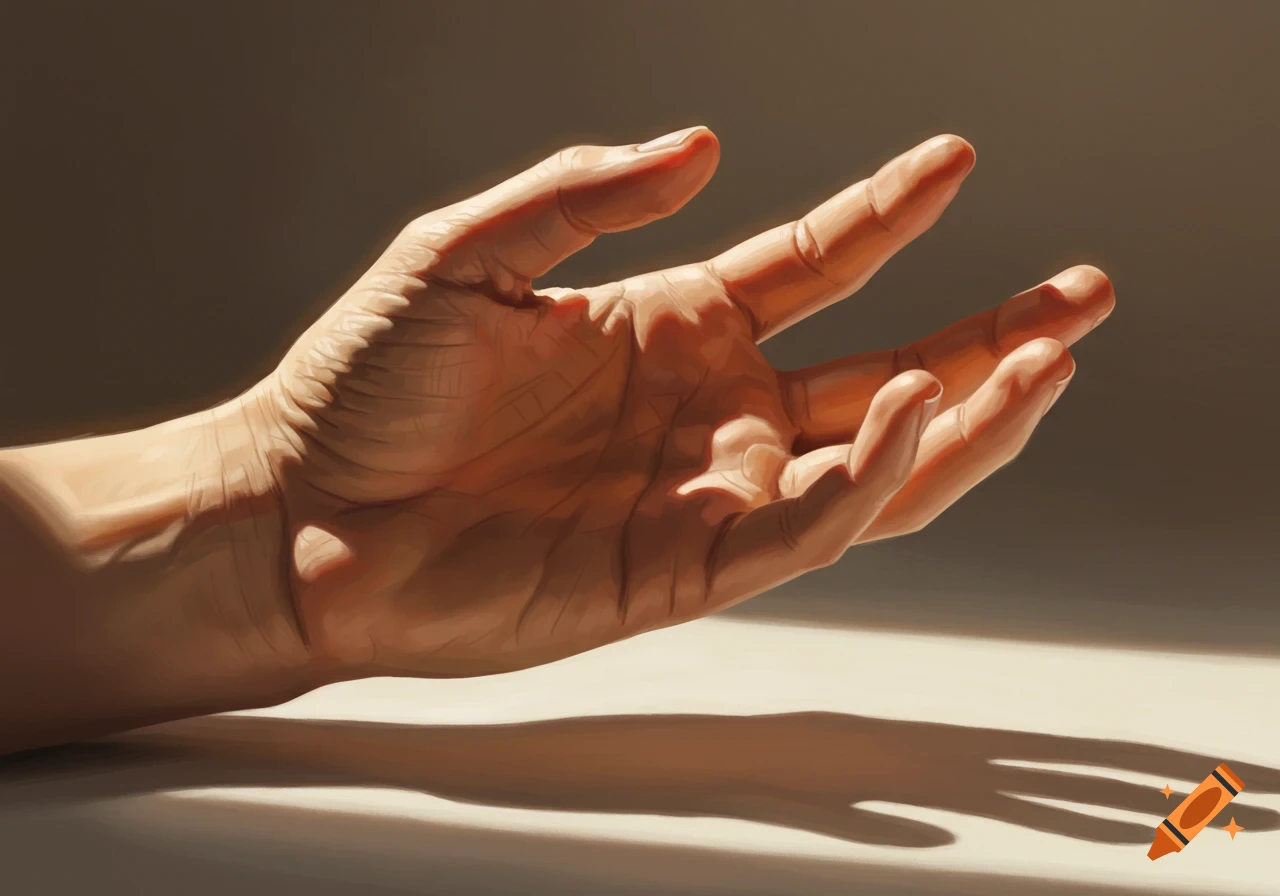 A close-up digital painting of a realistic human hand reaching out, bathed in warm, dramatic light, casting a shadow.