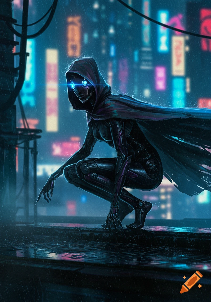A hooded cybernetic assassin crouches on a rainy rooftop in a neon-lit cyberpunk city at night, digital art.