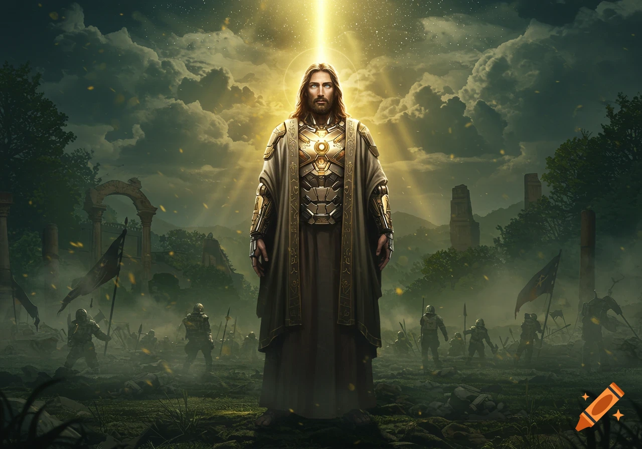 Tactical Jesus in golden armor under a divine light, standing on a war-torn battlefield with soldiers and ruins under a dramatic sky.