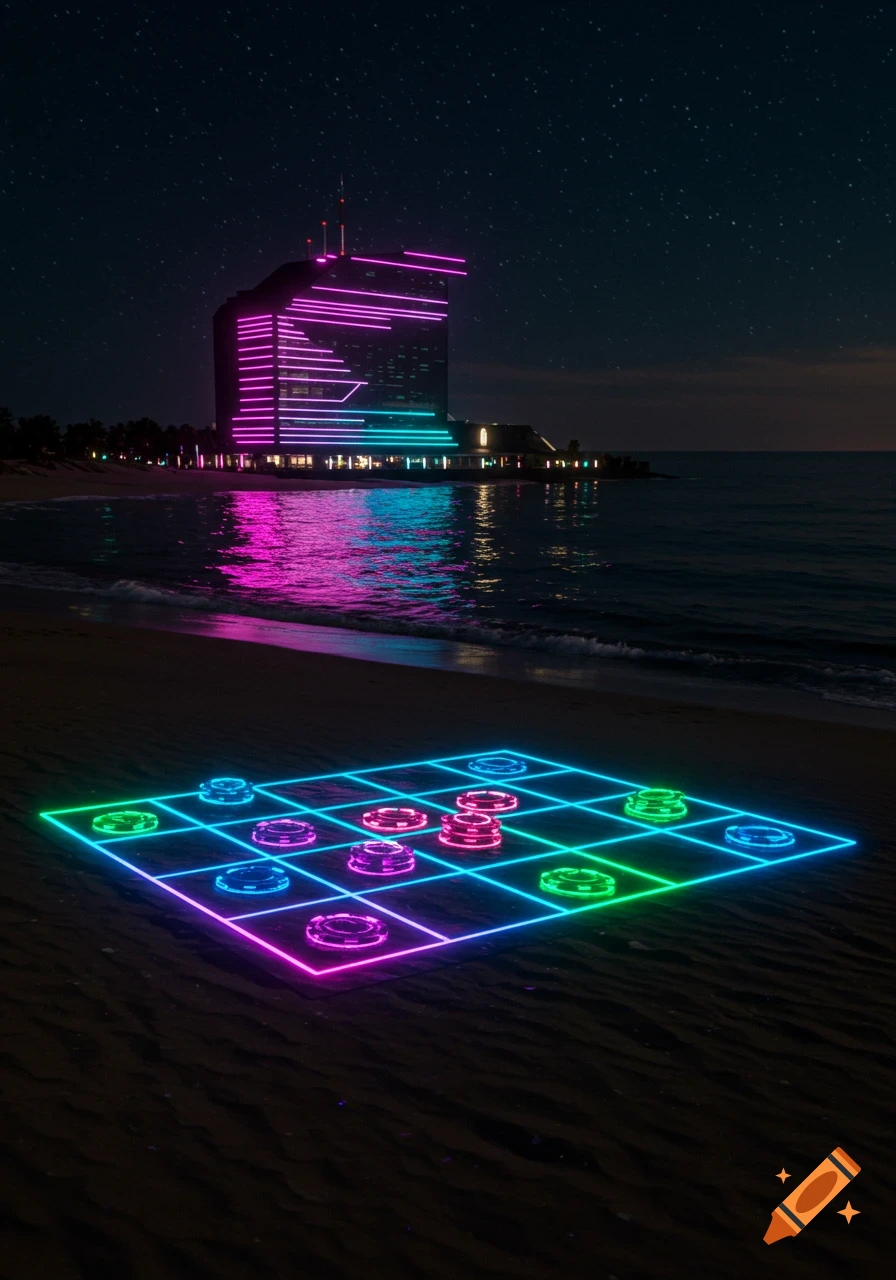 Photorealistic cyberpunk scene of a neon glowing board game on a beach at night, with a futuristic building across the water.
