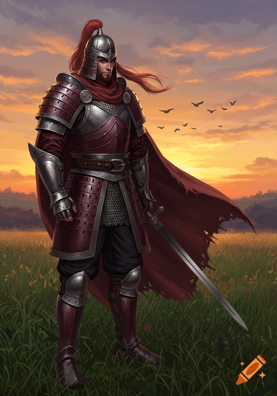 An illustrated warrior in maroon and grey armor, red scarf, and plumed helmet stands in a green field at sunset, holding a sword.