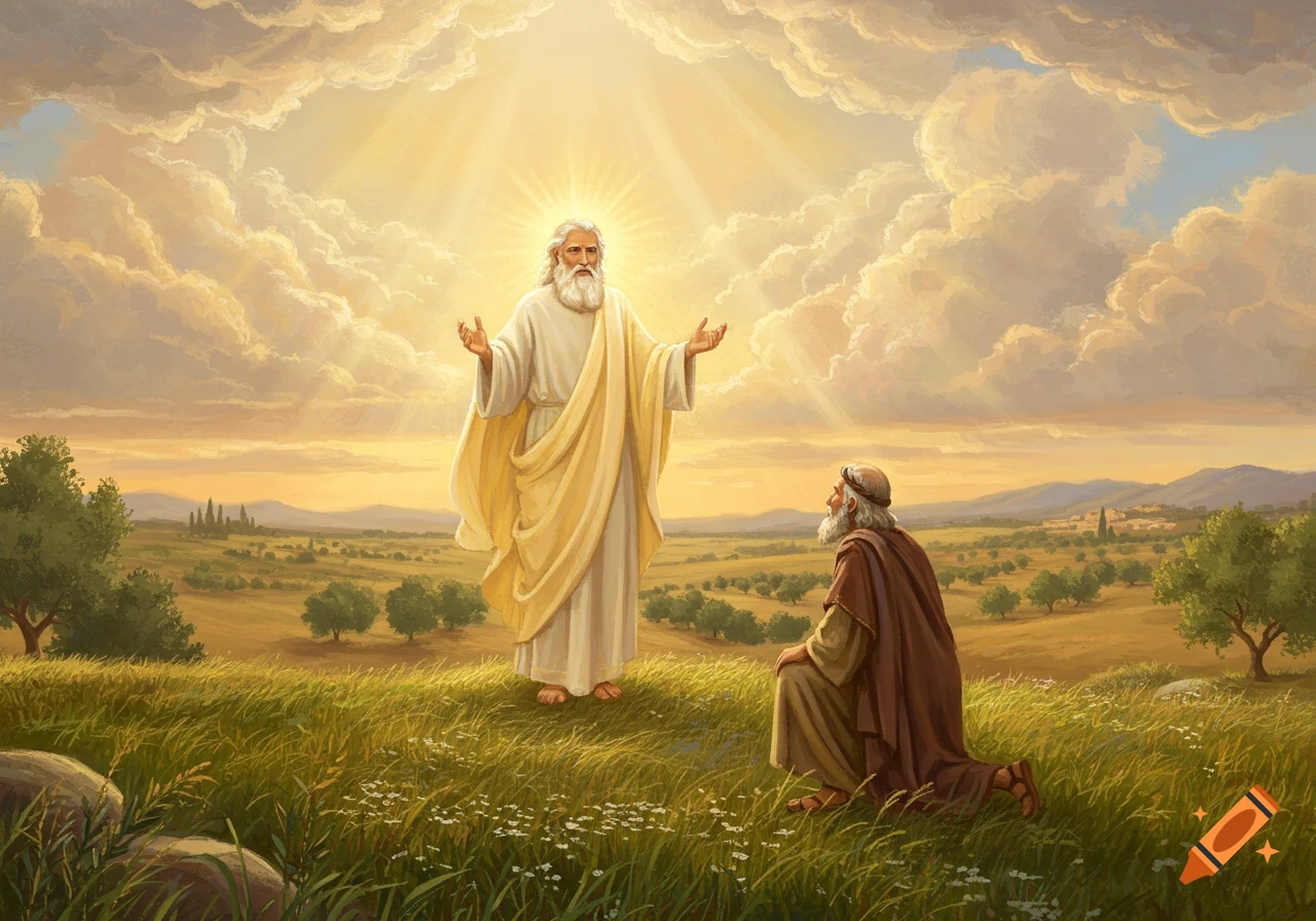 A glowing figure with a white beard and robes stands with open arms before a kneeling man in brown robes in a grassy field under a bright, cloudy sky.