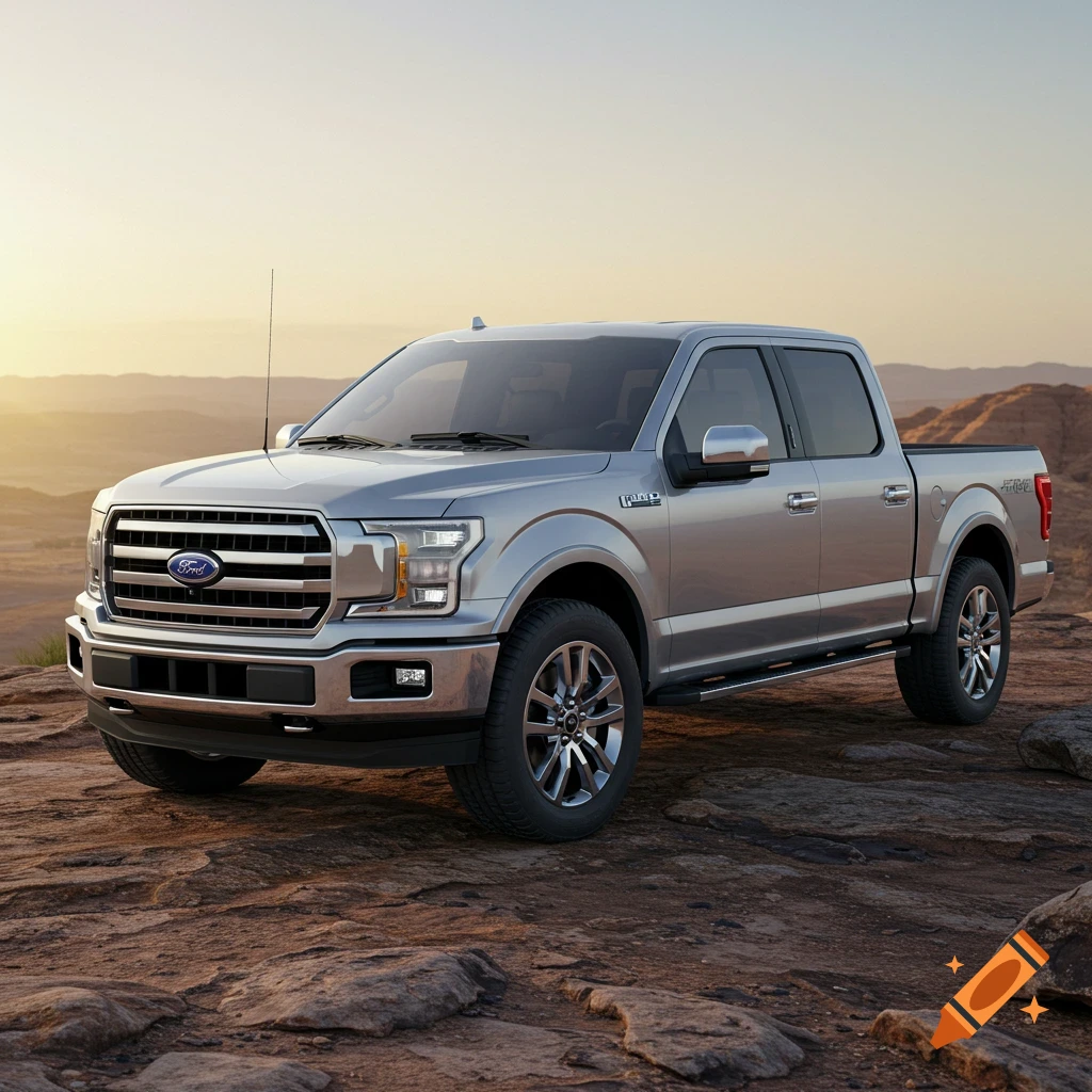 A silver Ford F-150 pickup truck parked on a rocky desert landscape at sunset, mountains in the background.