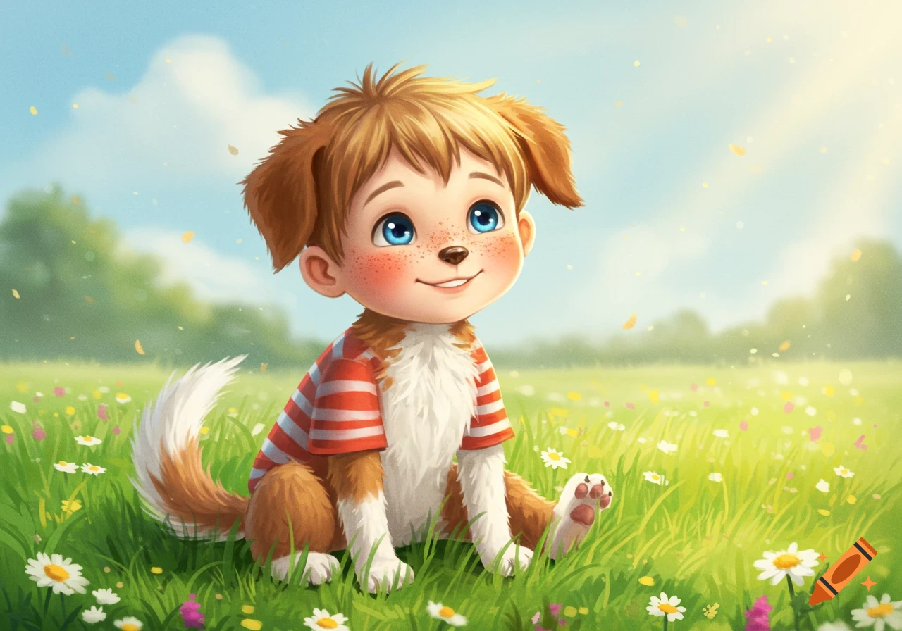 A cute cartoon boy with dog features, wearing a red and white striped shirt, sitting in a sunny green field with flowers.