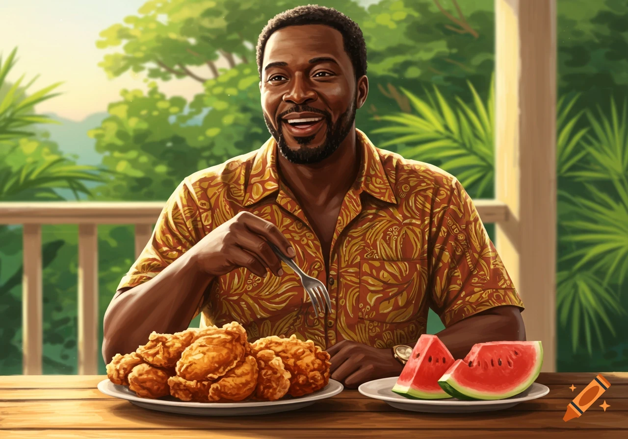 A smiling Black man eats fried chicken and watermelon at a wooden table outdoors with a lush green background.