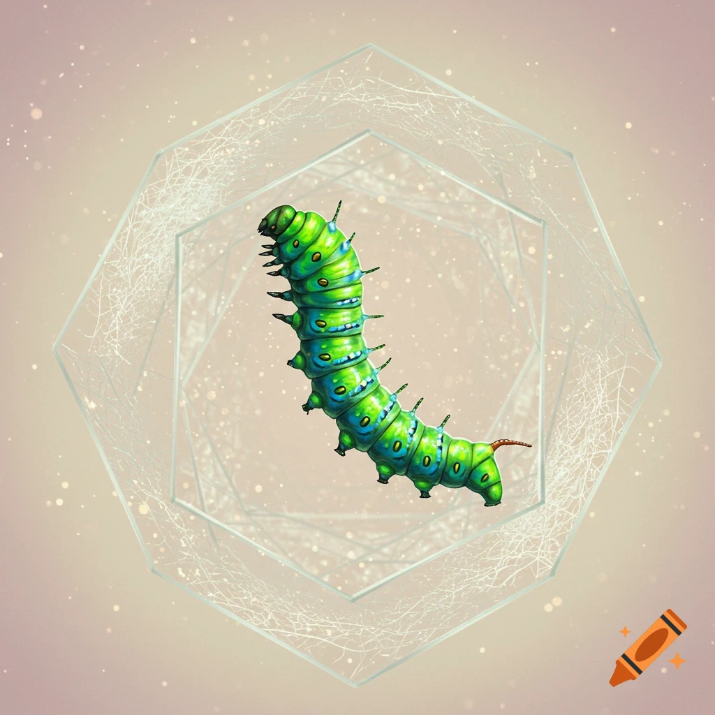 A vibrant green and blue caterpillar with spikes floats within a translucent, light-colored octagonal shape, surrounded by subtle sparkling particles.