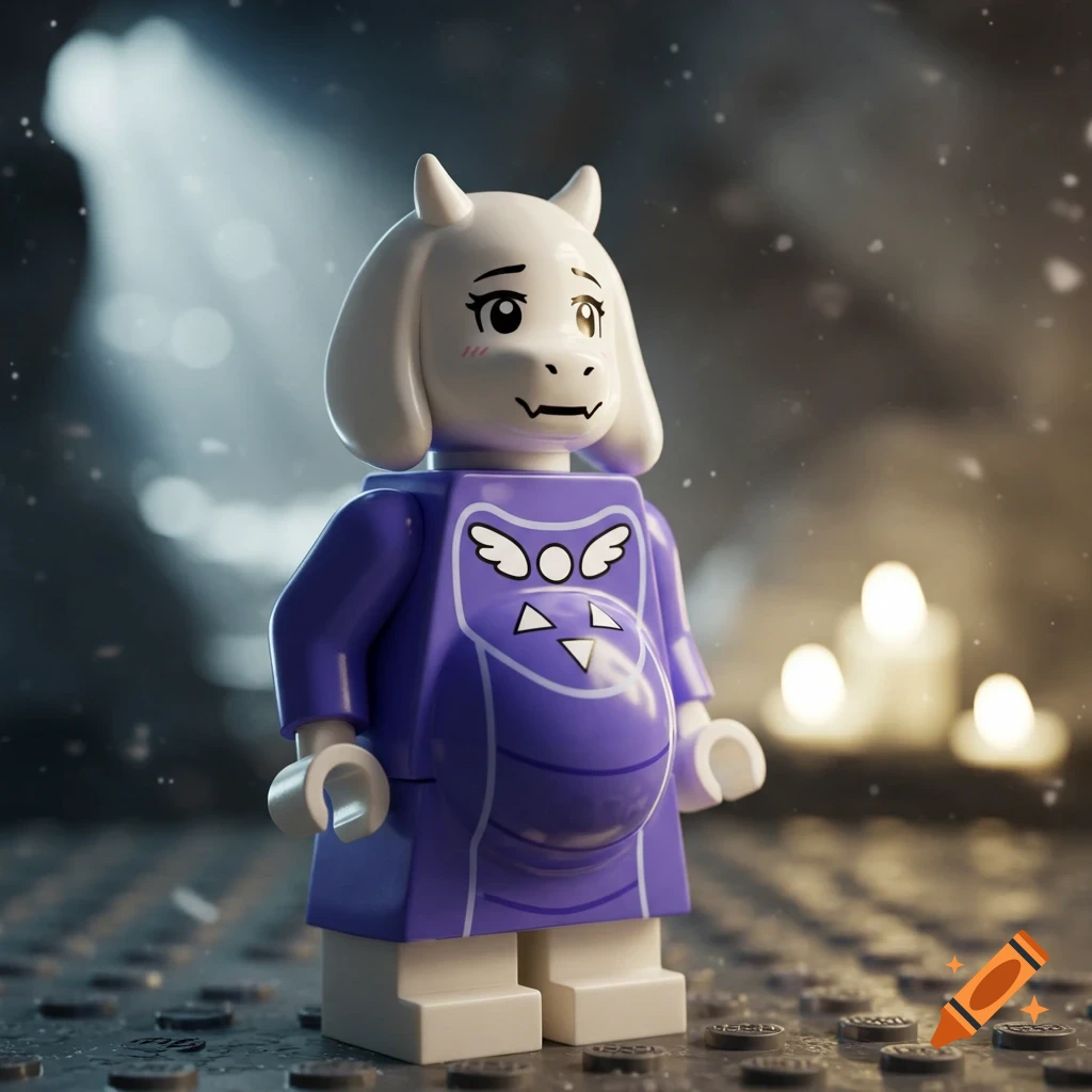 A Lego minifigure of Toriel from Undertale, wearing a purple robe with a molded pregnant belly, standing in a dimly lit setting.