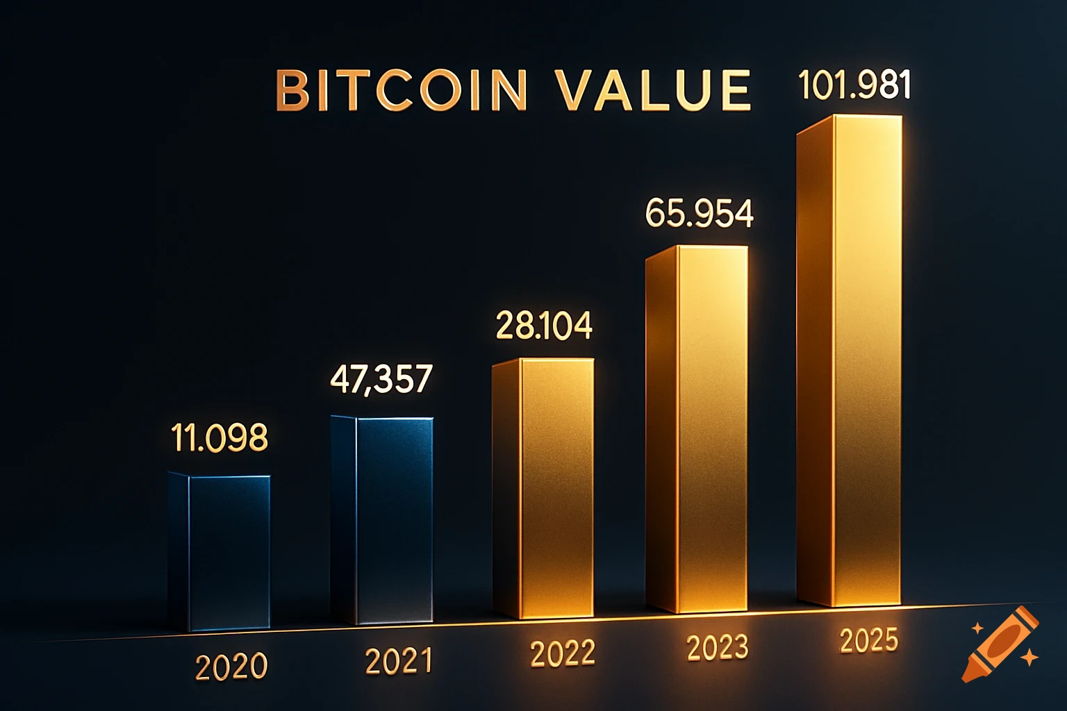 A dark, glossy bar chart titled "BITCOIN VALUE" showing Bitcoin's price in USD for years 2020, 2021, 2022, 2023, and 2025, with increasing values over time depicted by blue and gold bars.