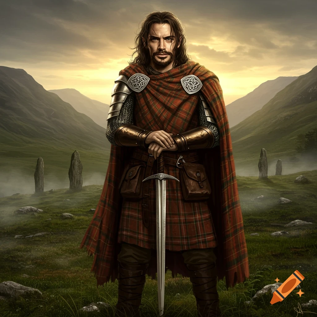 A rugged Scottish Highland warrior with long hair and beard, wearing tartan and armor, holding a sword in a misty, mountainous landscape with standing stones at sunset.