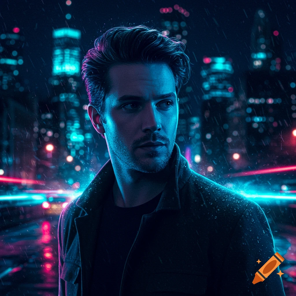 A man with dark hair and a beard looks to the side in a rainy neon-lit cyberpunk city at night.