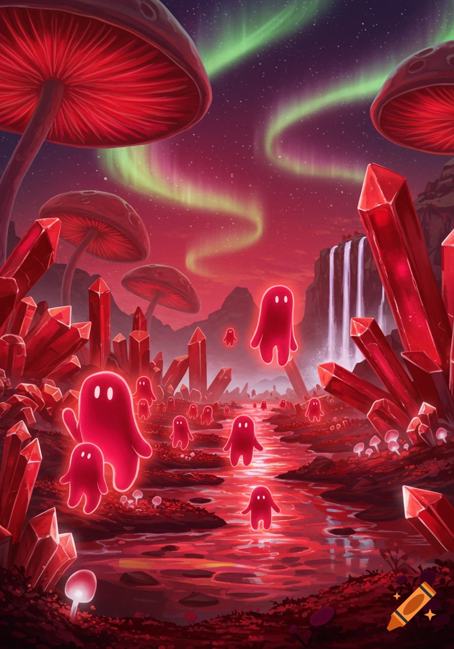 Stylized fantasy landscape with glowing red ghost figures, giant red mushrooms, red crystals, and a waterfall under a green aurora.
