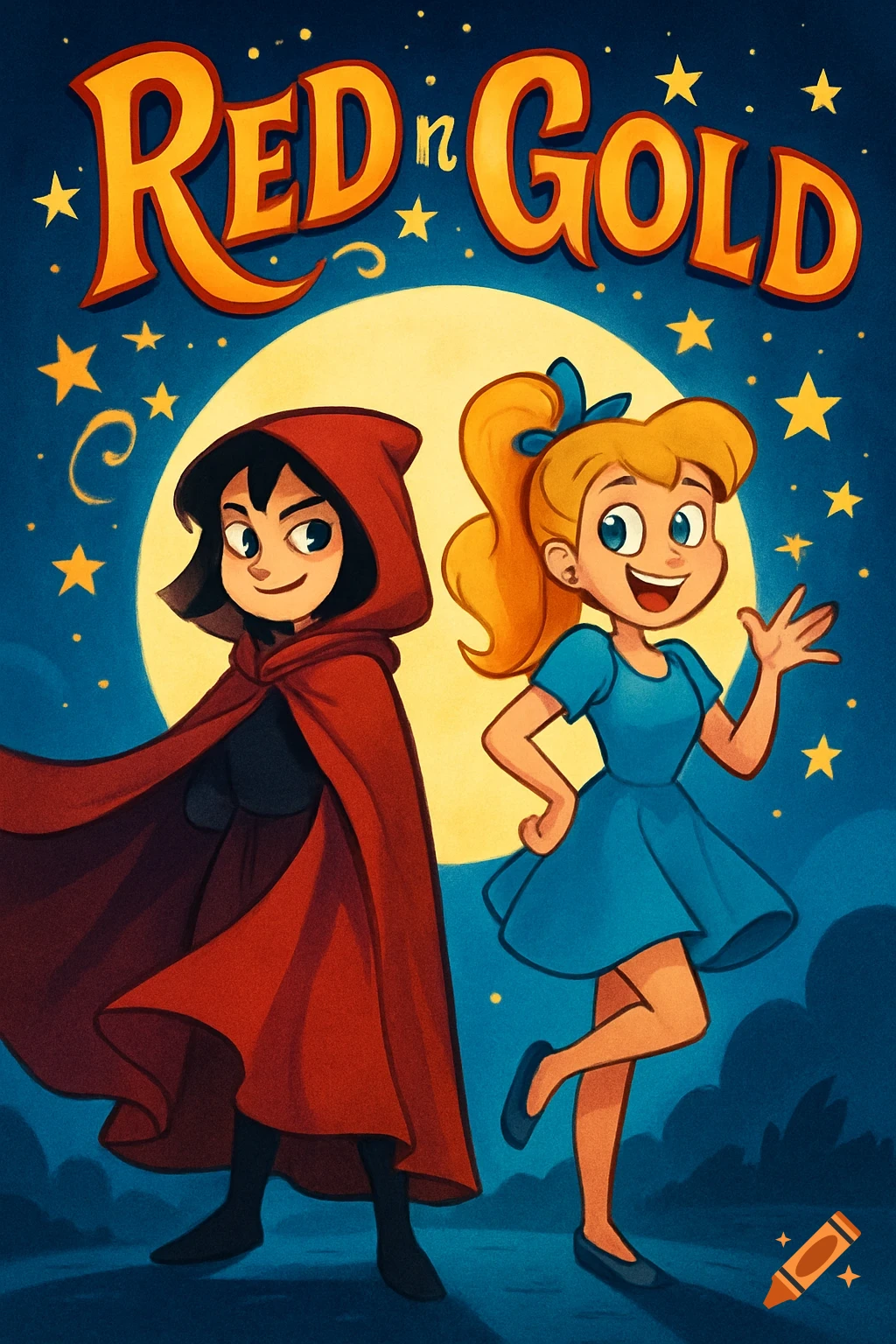 Cartoon poster with 'Red n Gold' title. A girl in a red cloak stands next to a blonde girl in a blue dress, against a moonlit, starry sky.