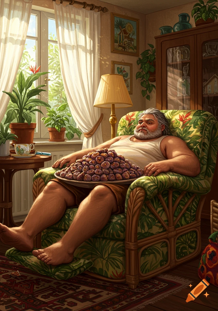 A fat man with a white beard relaxes in a tropical chair, eating a huge pile of dried figs in a sunny apartment.