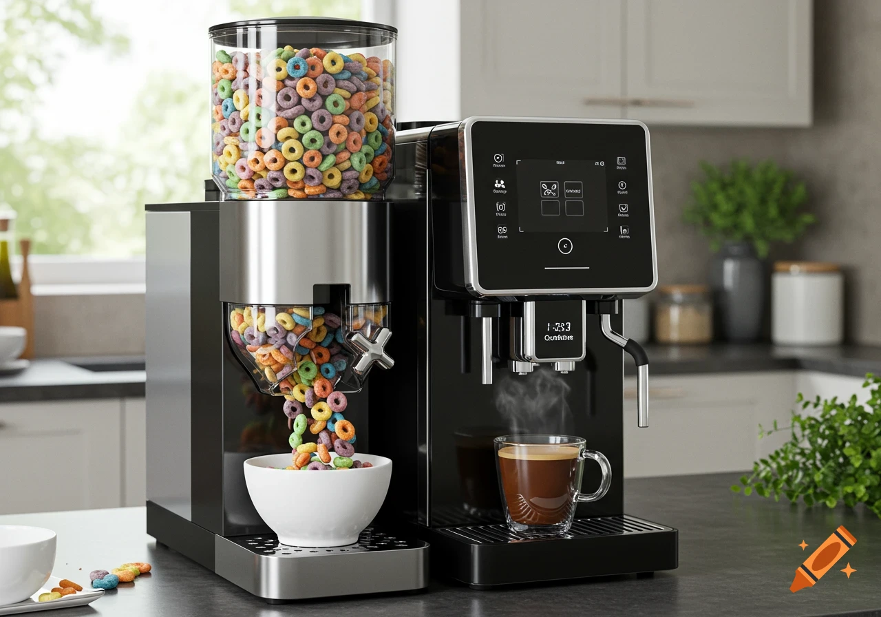 A photorealistic image of a black and silver appliance combining a coffee machine and a cereal dispenser, on a kitchen counter. Colorful O-shaped cereal pours into a white bowl, and steam rises from a cup of coffee.