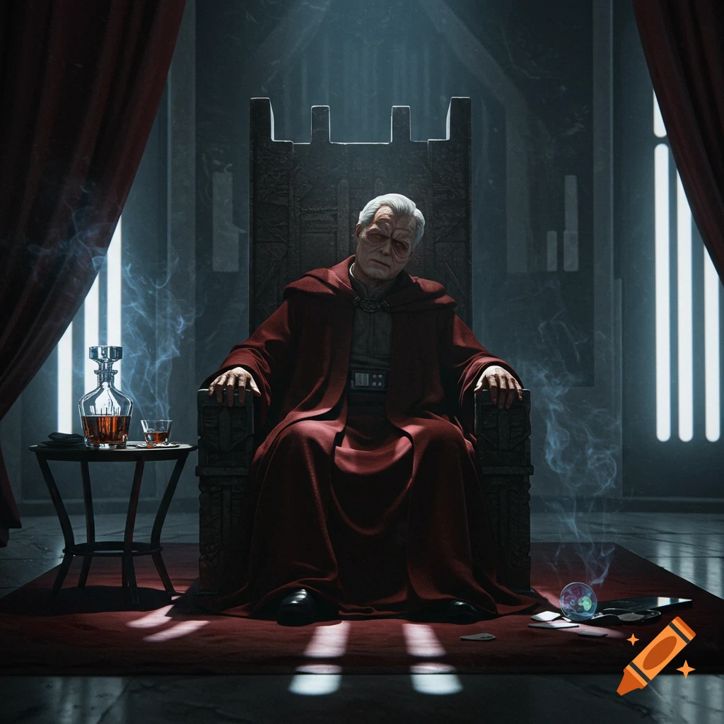 An old man resembling Palpatine in a red robe sits weary on a dark throne in a dimly lit room, with a decanter nearby.