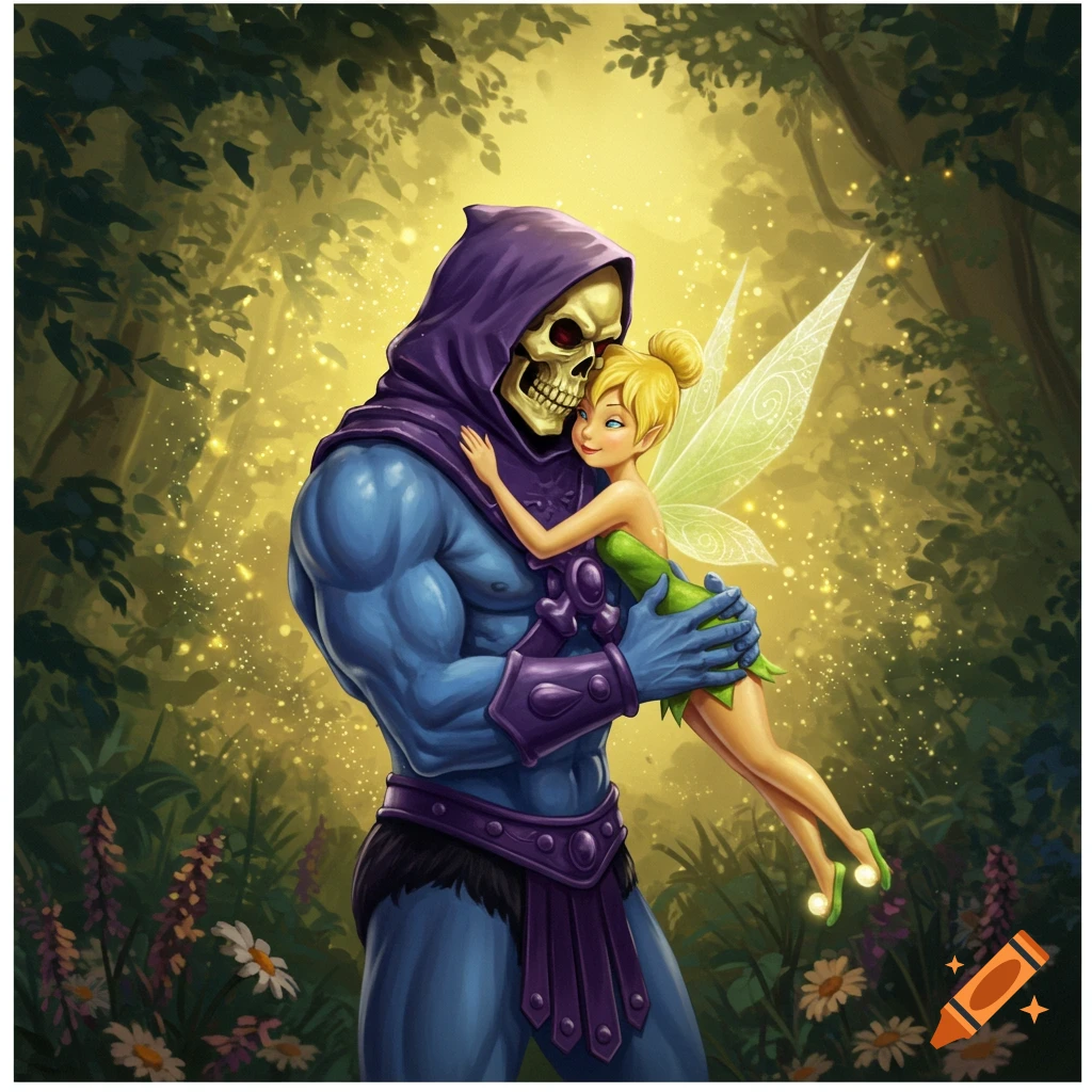Skeletor hugs Tinkerbell in a magical forest, digital art.