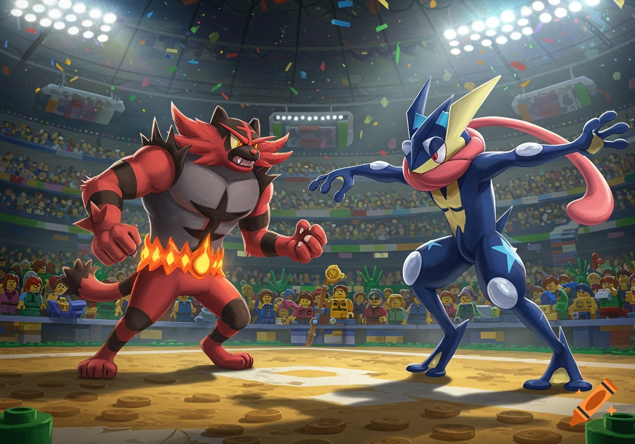 Incineroar and Greninja from Pokémon face off in a stadium with a cheering crowd of Lego minifigures.