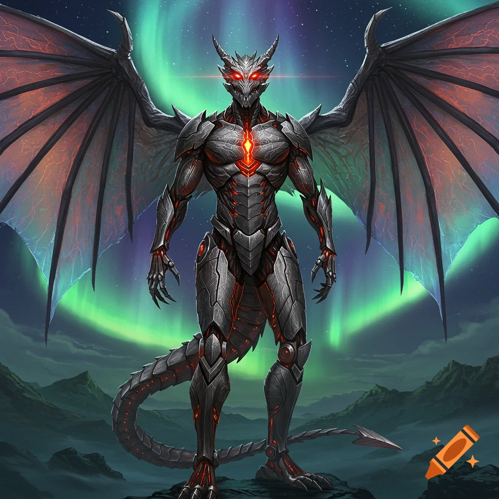 Armored humanoid dragon-machine hybrid with glowing red eyes and chest stands against a vivid green aurora night sky.