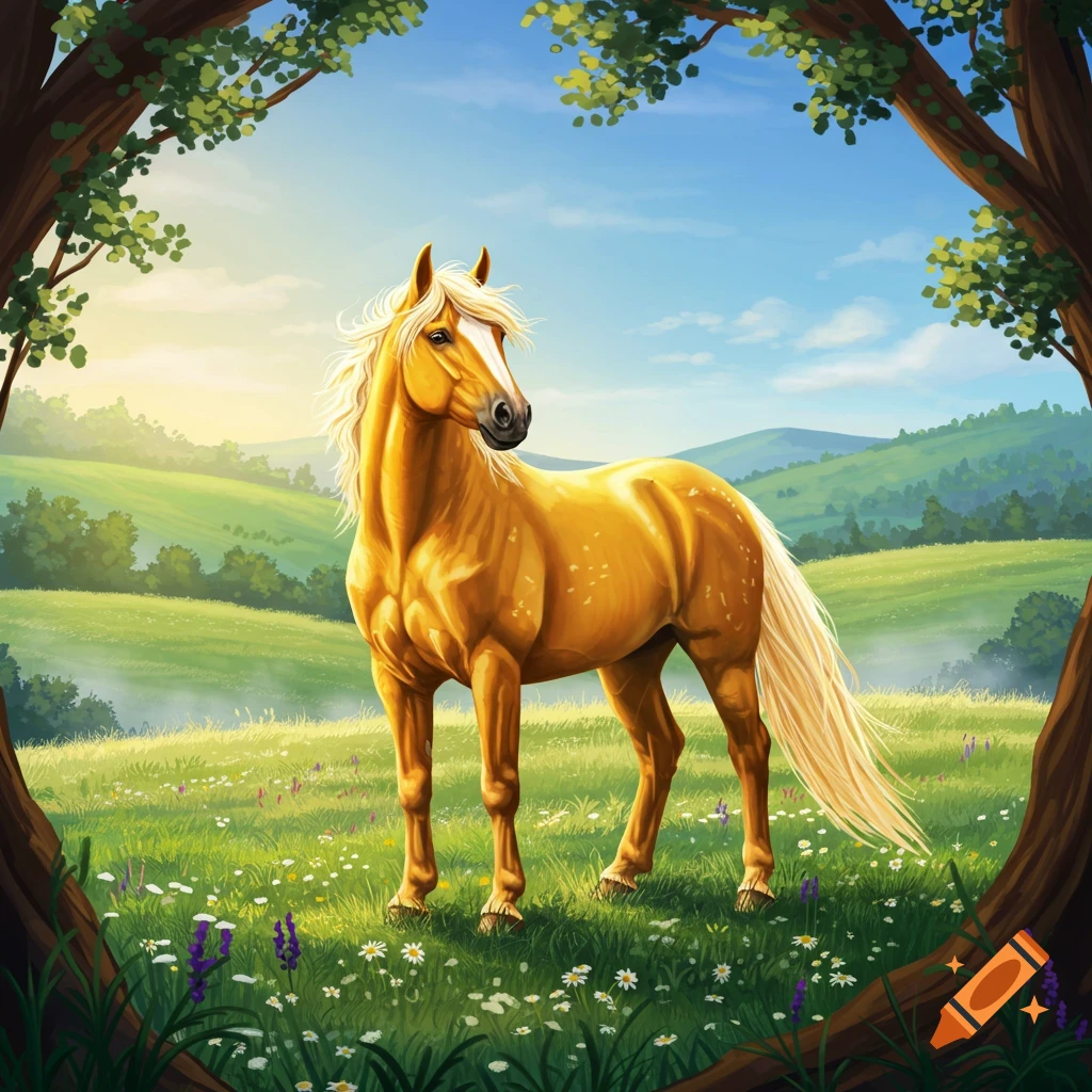A palomino horse stands in a bright, green meadow filled with wildflowers, framed by trees, under a blue sky.