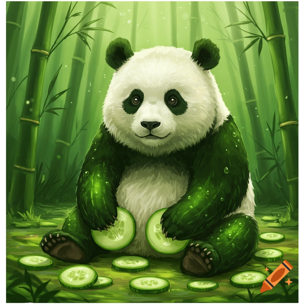 Illustration of a green-furred panda sitting in a bamboo forest, holding and surrounded by cucumber slices.