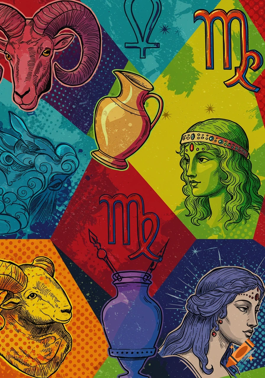 Pop art mosaic with a ram's head, jug, dragon-like creature, two women, and zodiac symbols in bold, vibrant colors.