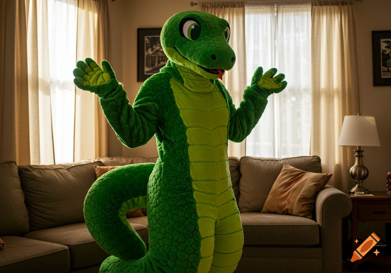 A photorealistic image of a person in a full-body green snake fursuit standing in a living room.