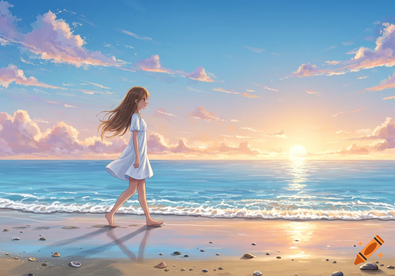 An anime girl in a white dress walks along a sandy beach at sunset, with a vibrant sky and calm ocean.
