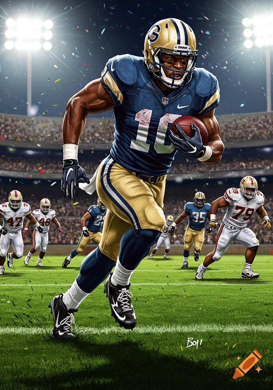 Dynamic illustration of a football player in a blue and gold uniform running with the ball on a stadium field.