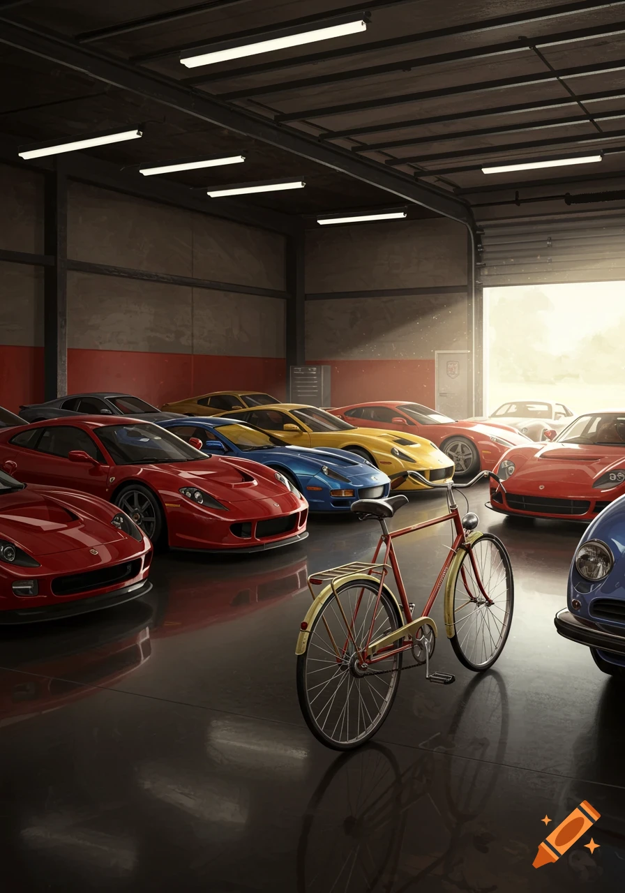 A vast garage filled with various colorful sports cars, including red, yellow, and blue models, with an old red bicycle parked in the foreground near the open doorway, lit by bright sunlight.