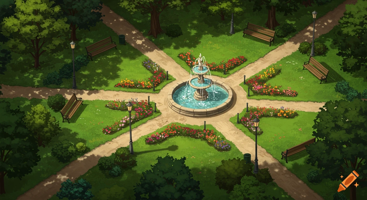 An isometric illustration of a public park with a central stone fountain, radial paths, colorful flowers, trees, benches, and lampposts.