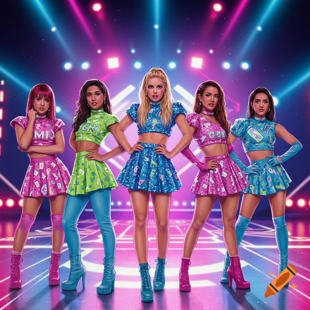 Five women in bright, sparkly, early 2000s-style crop-top outfits and skirts pose on a stage with neon pink and blue lights. They are a girl band.