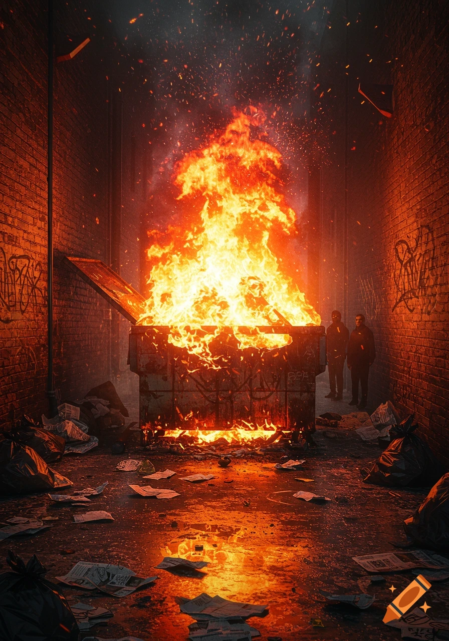 A huge dumpster fire blazes in a dark, trash-strewn urban alleyway, casting an intense orange glow.