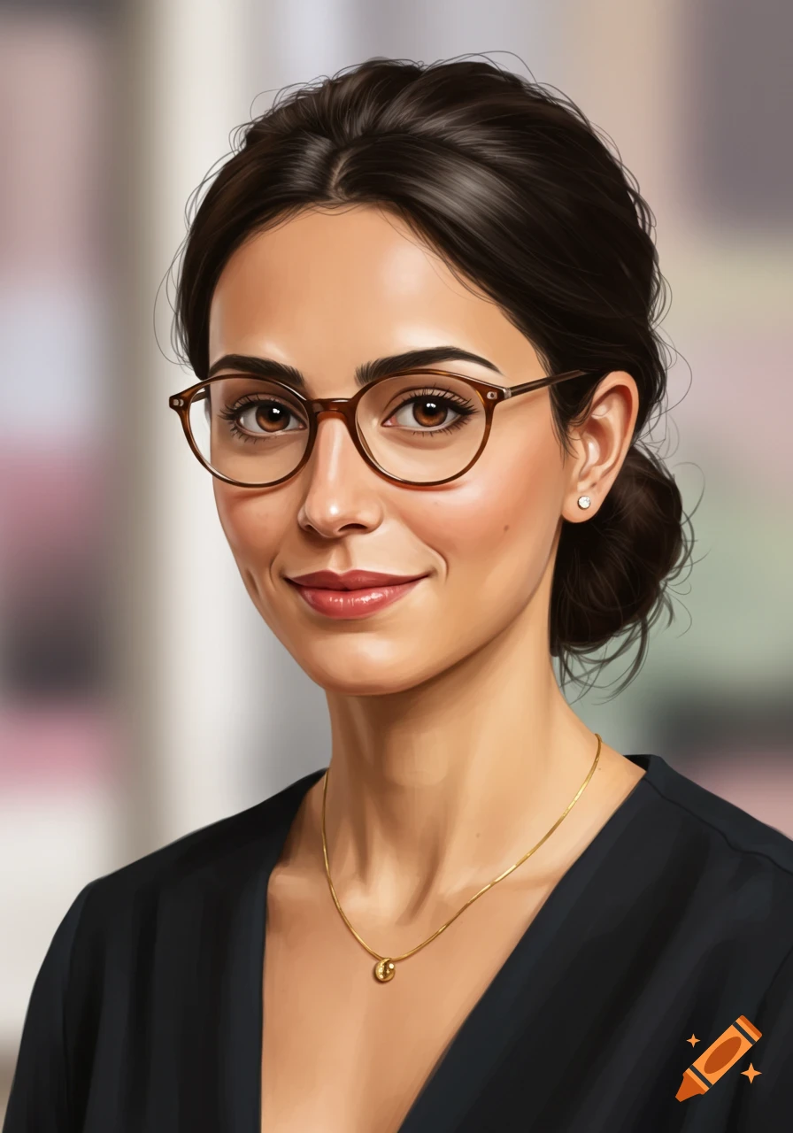 Digital portrait of a woman with brown hair in a bun, wearing glasses, light brown eyes, fair skin, and a gold necklace.