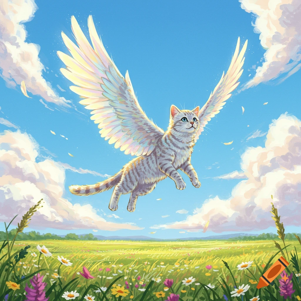 A cheerful winged tabby cat with blue eyes flies high above a field of colorful wildflowers under a bright blue sky with clouds.
