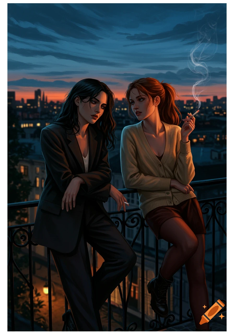 Two women smoking on a balcony, overlooking an urban skyline at dusk in a digital art style.