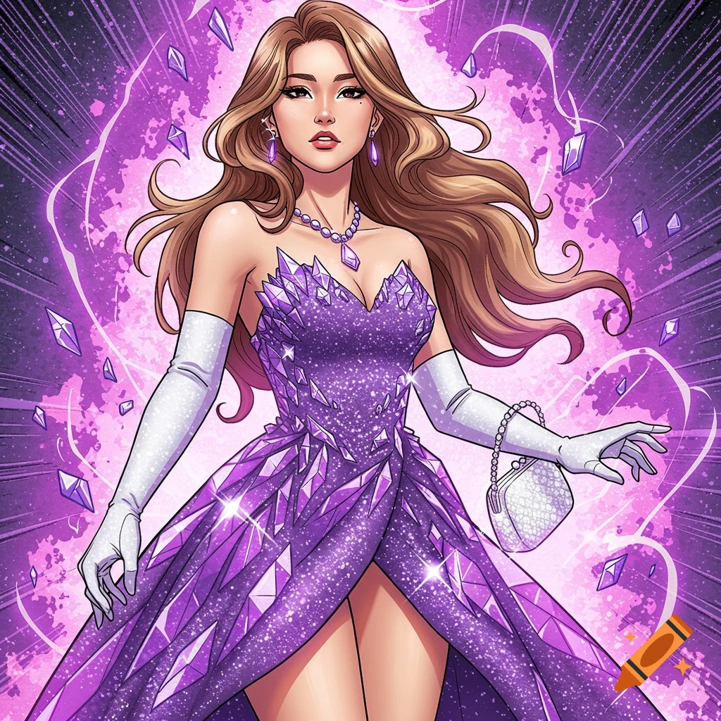 Comic art of an Asian girl in a shimmering purple crystal dress and white gloves, surrounded by purple energy and floating crystals.